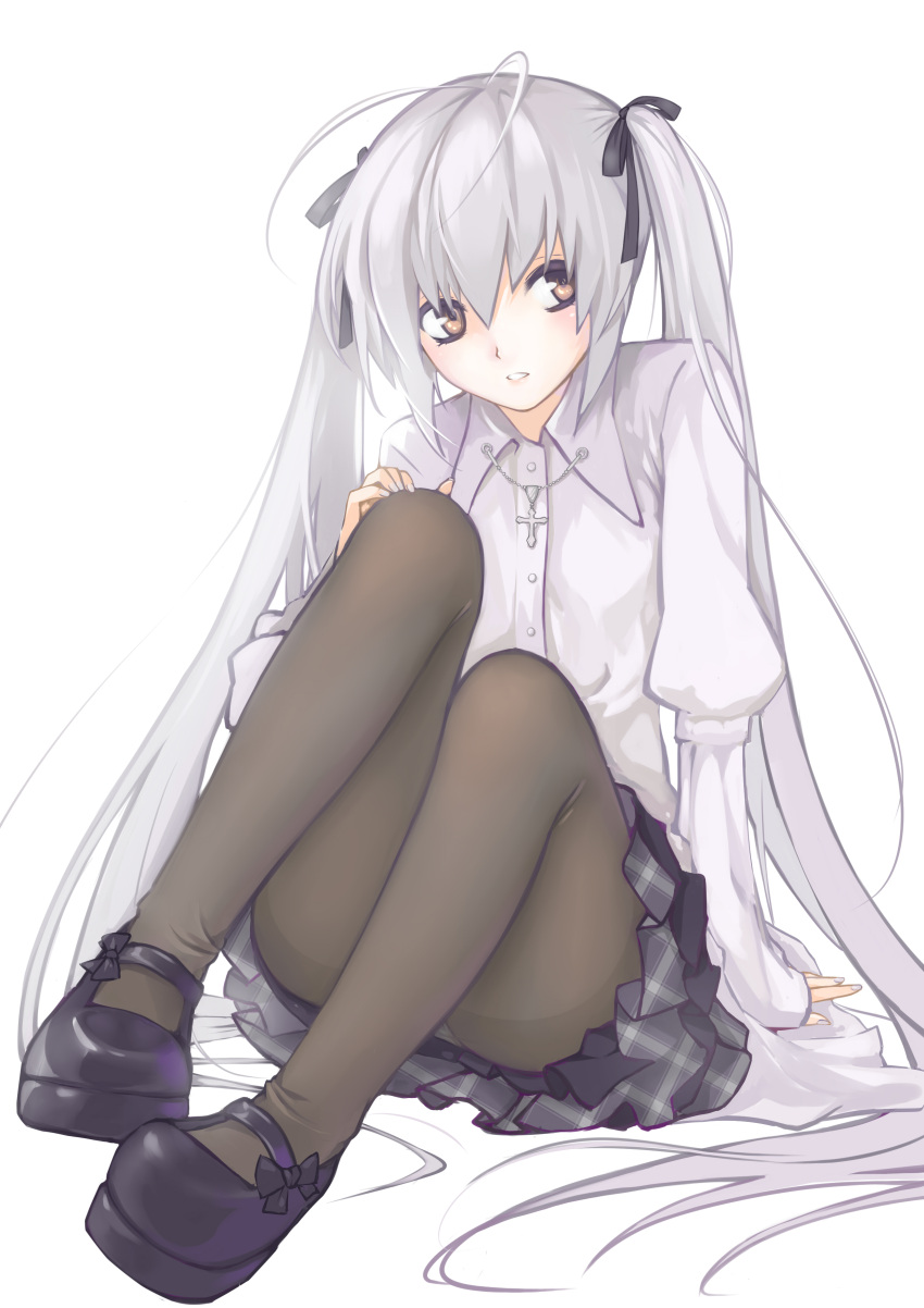 1girl absurdres ahoge black_legwear black_ribbon black_skirt blush brown_eyes cross ejieaa eyebrows grey_hair hair_ribbon highres kasugano_sora long_hair looking_at_viewer pantyhose parted_lips ribbon sitting skirt solo twintails yosuga_no_sora