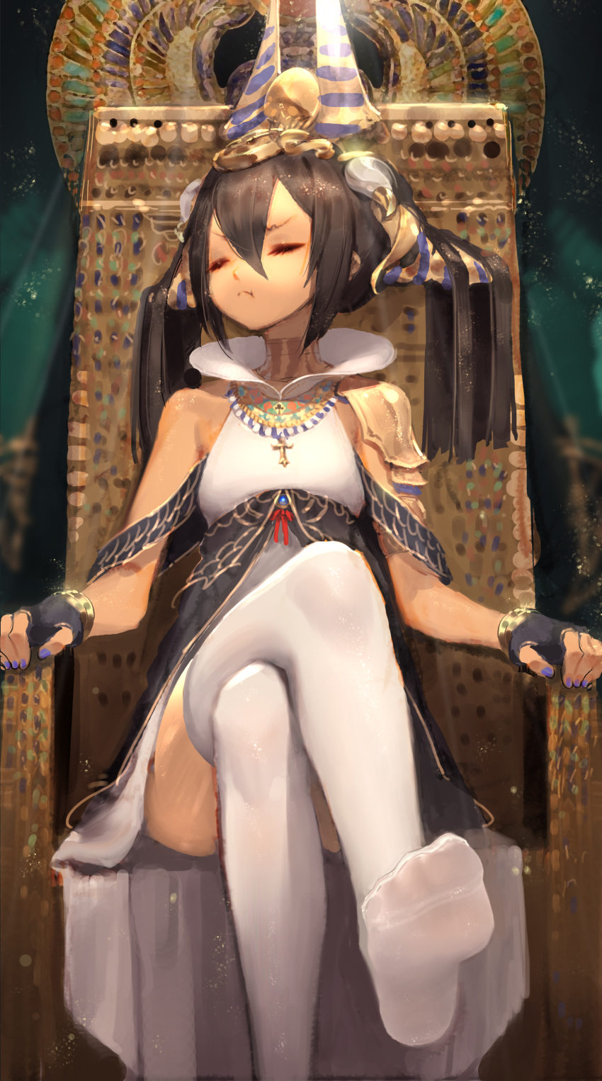 1girl absurdres bible_bullet black_hair chair choker closed_eyes egyptian_clothes feet fingerless_gloves gloves han-0v0 headdress highres horns legs_crossed long_hair no_shoes pout sitting soles solo thigh-highs
