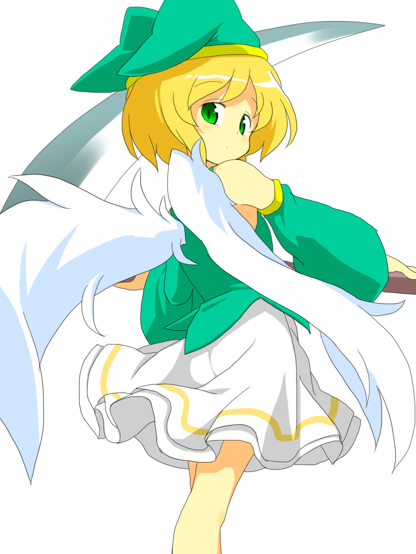 1boy androgynous angel_wings arched_back ass bangs bare_legs bare_shoulders blonde_hair bob_cut closed_mouth cowboy_shot crossdressinging detached_sleeves elona eyebrows eyebrows_visible_through_hair feathered_wings feathers from_behind god green_eyes green_hat green_shirt hat highres holding holding_scythe holding_weapon jester_cap kumiromi_of_harvest long_sleeves looking_at_viewer looking_back miniskirt mutsu_(hasepix) scythe shiny shiny_hair shirt short_hair simple_background single_vertical_stripe skirt sleeveless sleeveless_shirt solo standing tareme weapon white_background white_skirt white_wings wings