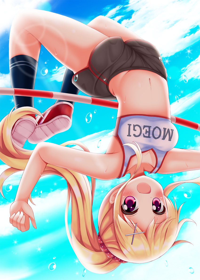 1girl :d bangs bare_arms bare_shoulders black_legwear black_shorts blonde_hair blue_sky blush breasts cleavage clothes_writing clouds collarbone commentary_request crop_top day eyebrows_visible_through_hair gym_shorts hair_ornament hair_scrunchie hairclip high_jump highres jumping kin-iro_mosaic kneehighs kujou_karen lens_flare long_hair looking_at_viewer medium_breasts midriff minato_(ojitan_gozaru) navel open_mouth outdoors ponytail red_footwear scrunchie shirt shoes shorts sidelocks sky sleeveless sleeveless_shirt smile sneakers solo violet_eyes water_drop white_shirt wide_hips x_hair_ornament