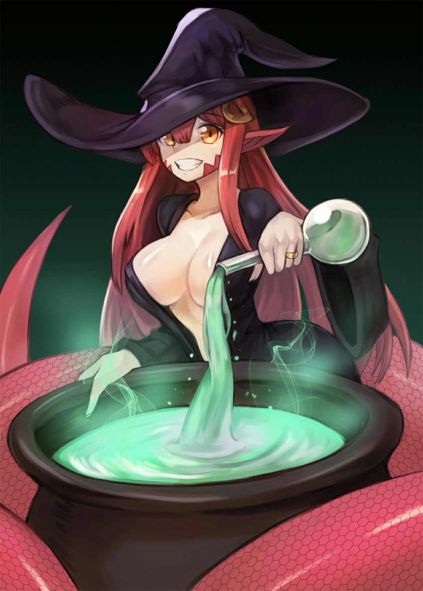 1girl animal_ears bangs black_dress black_hat breasts cauldron cleavage commission dress eyebrows_visible_through_hair gradient gradient_background green_background grin hair_between_eyes hair_ornament hat highres holding jewelry lamia large_breasts long_hair looking_at_viewer miia_(monster_musume) monster_girl monster_musume_no_iru_nichijou open_clothes open_dress pointy_ears potion red_eyes redhead ring scales smile solo sookmo vial wedding_band witch witch_hat yellow_eyes