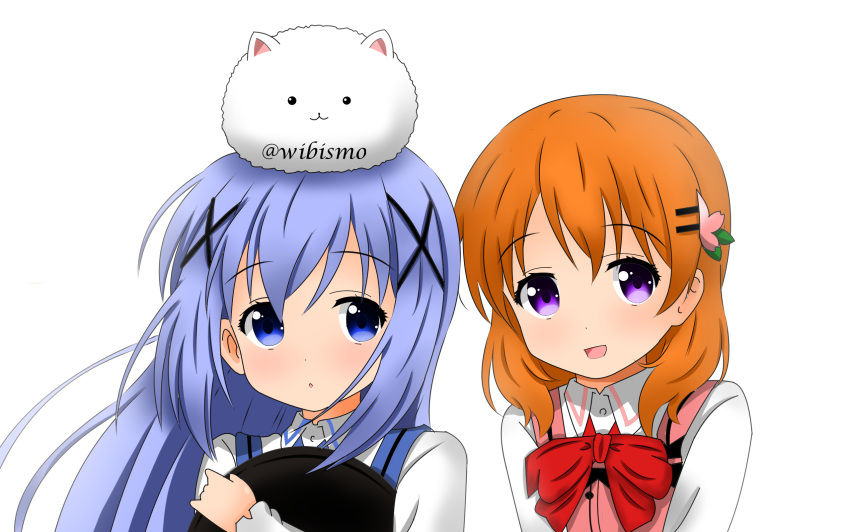 2girls :3 :d angora_rabbit animal animal_on_head bangs blue_eyes blue_hair blue_vest bow bowtie bunny_on_head buttons collared_shirt commentary_request eyebrows_visible_through_hair flat_chest gochuumon_wa_usagi_desu_ka? hair_ornament hairclip highres holding holding_tray hoto_cocoa kafuu_chino long_hair long_sleeves looking_at_viewer multiple_girls on_head open_mouth orange_hair parted_lips pink_vest portrait rabbit rabbit_house_uniform red_neckwear shirt sidelocks simple_background smile tippy_(gochiusa) tray twitter_username vest violet_eyes white_background white_shirt wing_colla x_hair_ornament youthpaint