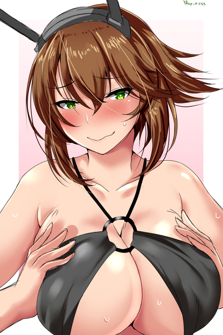 1girl absurdres ar_(lover_boy) bare_shoulders blush breasts brown_hair cleavage collarbone green_eyes hair_between_eyes headgear highres kantai_collection large_breasts looking_at_viewer mutsu_(kantai_collection) o-ring_top short_hair sketch smile solo sweat upper_body wavy_mouth white_border