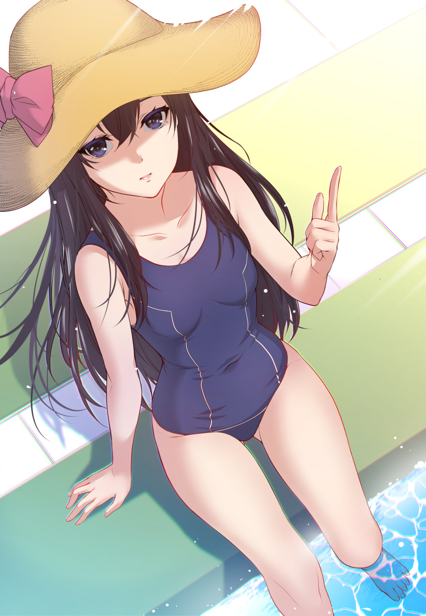 1girl blue_eyes blue_swimsuit brown_hair hat highres long_hair looking_at_viewer one-piece_swimsuit original pointing pointing_up pool sitting solo sun_hat swimsuit water zucchini