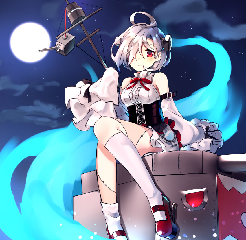 1girl ahoge azur_lane bolt chamnaitu commentary_request detached_sleeves hair_over_one_eye highres looking_at_viewer machinery mary_janes red_eyes shoes short_hair sitting sleeves_past_wrists smile solo stitches terror_(azur_lane)
