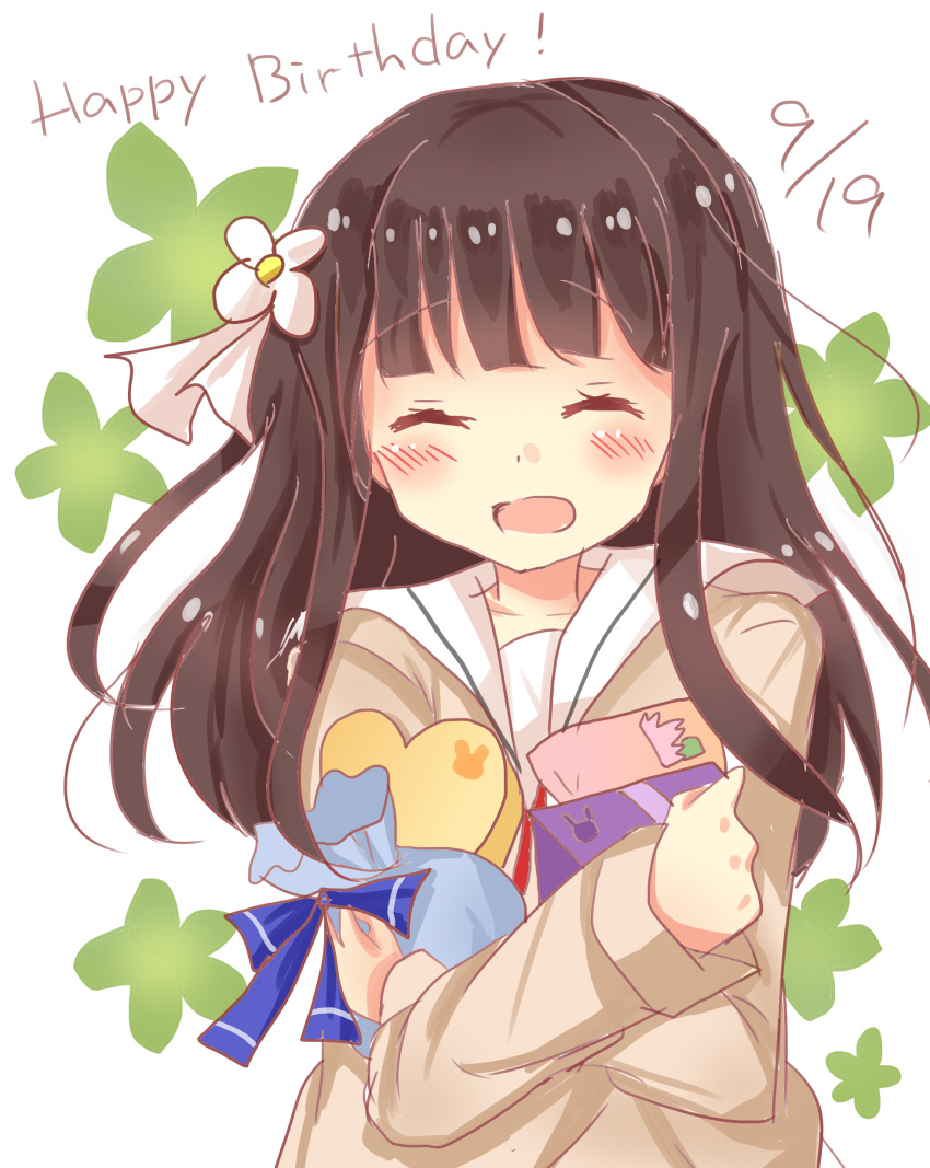 1girl absurdres bangs beige_blouse blunt_bangs blush box brown_hair closed_eyes collarbone commentary_request crossed_arms dated english eyebrows_visible_through_hair facing_viewer flower gift gift_bag gift_box gochuumon_wa_usagi_desu_ka? hair_flower hair_ornament happy_birthday heart-shaped_box highres himaneko. holding holding_gift hoto_cocoa's_school_uniform long_hair open_mouth ribbon sailor_collar skirt solo two-tone_background ujimatsu_chiya upper_body white_flower white_ribbon white_sailor_collar white_skirt