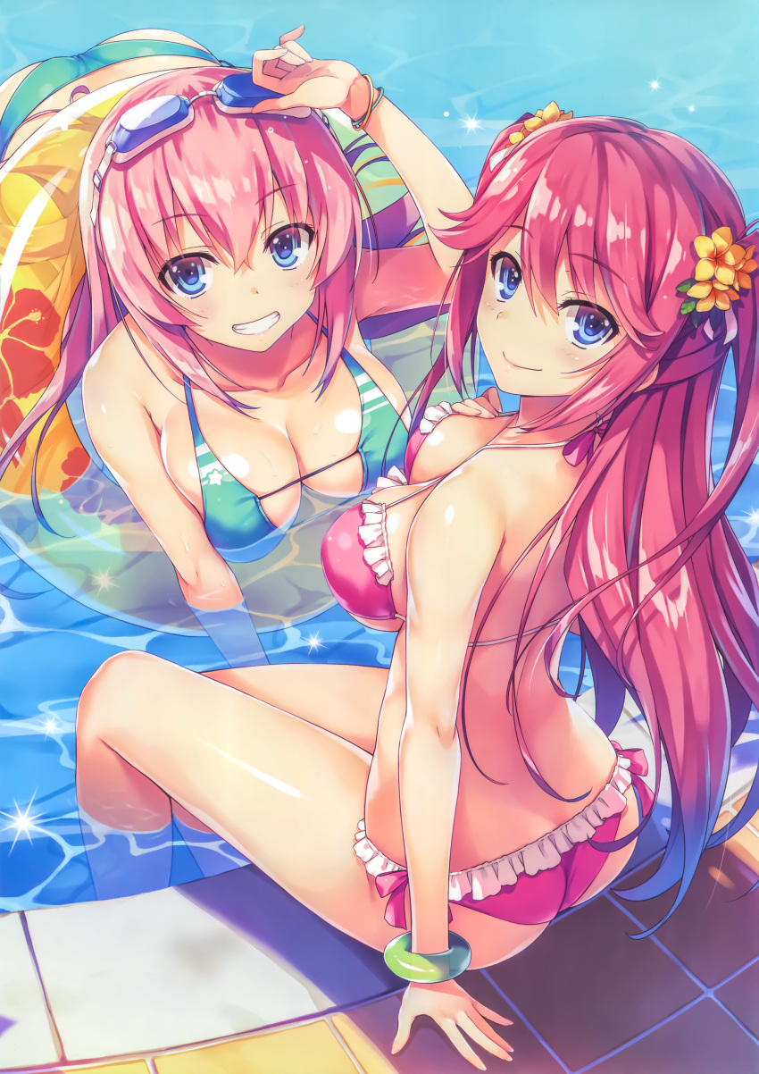 2girls absurdres ass bangs bare_shoulders bikini blue_eyes blush bracelet breasts cleavage collarbone cute eyebrows_visible_through_hair flower goggles goggles_on_head grin hair_flower hair_ornament highres huge_filesize ichinose_honami_(youjitsu) innertube jewelry large_breasts lerche_(studio) long_hair looking_at_viewer media_factory medium_breasts multiple_girls official_art partially_submerged pink_bikini pink_hair pool poolside sakura_airi shiny smile summer swimming swimsuit tomose_shunsaku water youkoso_jitsuryoku_shijou_shugi_no_kyoushitsu_e