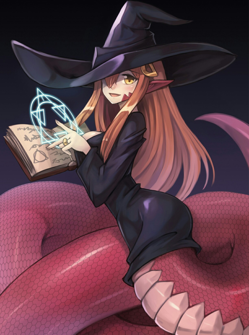 1girl :d animal_ears bangs black_dress black_hat blue_background book breasts casting_spell commission dress eyebrows_visible_through_hair gradient gradient_background hair_ornament hat highres holding holding_book jewelry lamia large_breasts long_hair looking_at_viewer looking_to_the_side magic_circle miia_(monster_musume) monster_girl monster_musume_no_iru_nichijou open_book open_mouth orange_hair pointy_ears red_eyes ring scales smile solo sookmo wedding_band witch witch_hat yellow_eyes