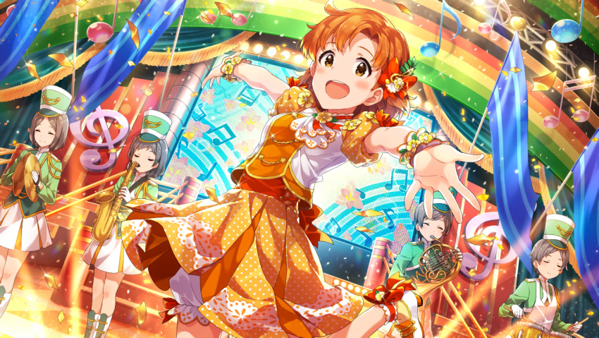 5girls artist_request bangs blush boots bow brown_eyes closed_eyes confetti dancing flag hair_bow hair_ornament hat holding idolmaster idolmaster_million_live! idolmaster_million_live!_theater_days instrument looking_at_viewer multiple_girls music musical_note official_art open_mouth orange_hair outstretched_arms playing_instrument pleated_skirt polka_dot_skirt puffy_short_sleeves puffy_sleeves rainbow short_hair short_sleeves skirt smile spread_arms stage uniform wrist_cuffs yabuki_kana