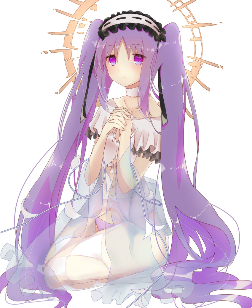 1girl black_bow black_ribbon bow bow_panties chieezuik choker collarbone expressionless fate/grand_order fate_(series) flat_chest hairband halo hands_clasped highres lolita_hairband long_hair looking_at_viewer panties purple_hair ribbon see-through sitting solo stheno twintails underwear veil very_long_hair violet_eyes white_background white_bow