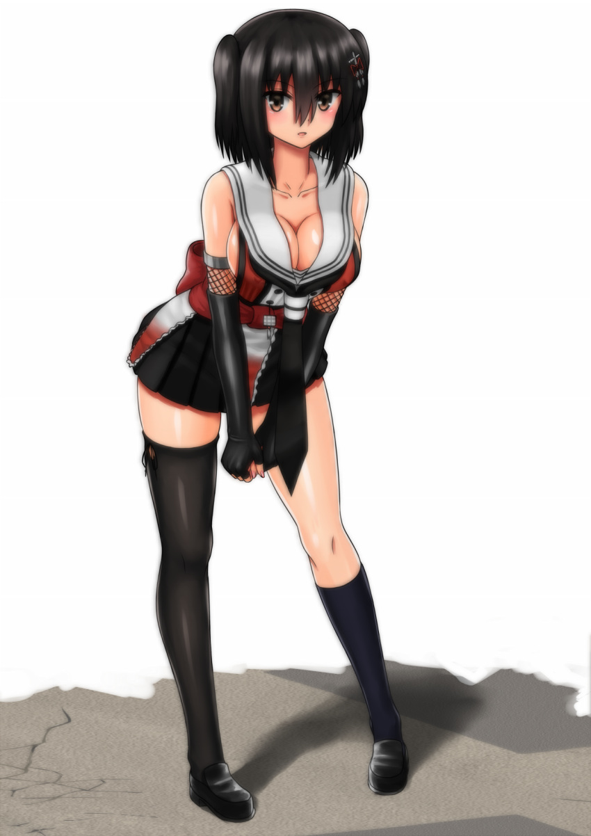 1girl asymmetrical_legwear bangs bare_shoulders black_footwear black_gloves black_hair black_skirt blush breasts brown_eyes cleavage collarbone elbow_gloves erect_nipples full_body gloves hair_between_eyes hair_ornament hairpin highres kantai_collection kinnan kneehighs large_breasts leaning_forward legs_apart loafers looking_at_viewer miniskirt open_mouth own_hands_together pleated_skirt sailor_collar sash sendai_(kantai_collection) shoes simple_background single_kneehigh single_thighhigh skirt sleeveless smile solo standing thigh-highs two_side_up v_arms white_background
