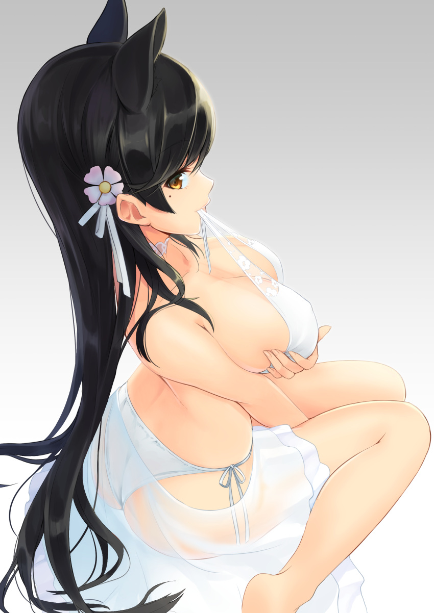 1girl absurdres animal_ears ass atago_(azur_lane) azur_lane bikini black_hair breasts brown_eyes commentary_request flower gradient gradient_background hair_flower hair_ornament highres large_breasts long_hair looking_at_viewer meso-meso mole mole_under_eye solo swimsuit white_bikini