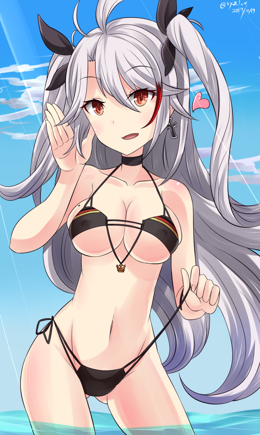 1girl :d azur_lane bikini black_bikini breasts brown_eyes choker cleavage clouds cloudy_sky collarbone commentary_request earring_removed hair_ribbon hebitsukai-san highres horizon large_breasts light_rays long_hair looking_at_viewer navel ocean open_mouth partially_submerged prinz_eugen_(azur_lane) ribbon silver_hair sky slit_pupils smile solo swimsuit two_side_up