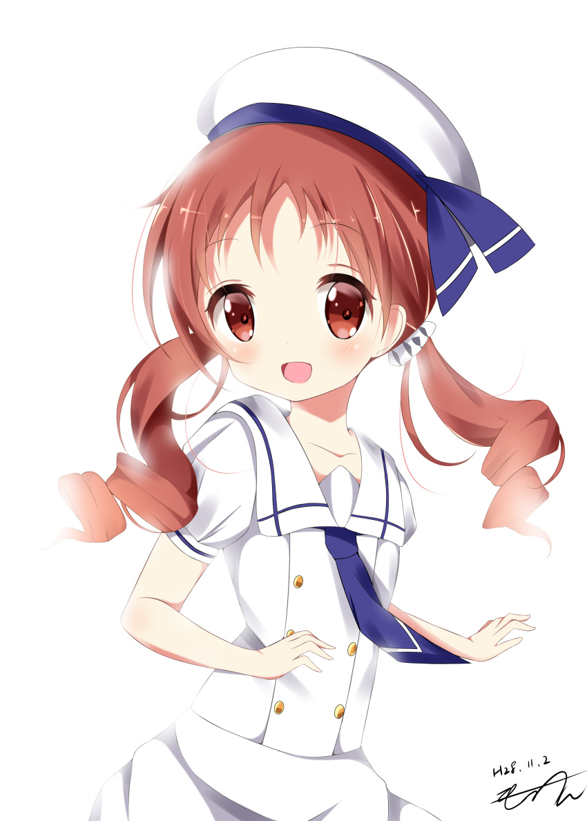 1girl :d absurdres bangs beret blue_neckwear blush brown_eyes brown_hair collarbone commentary_request dated eyebrows_visible_through_hair gochuumon_wa_usagi_desu_ka? hair_ornament hair_scrunchie hat highres kafuu_chino's_school_uniform long_hair looking_at_viewer low_twintails mottsun_(i_40y) natsu_megumi necktie open_mouth puffy_short_sleeves puffy_sleeves ringlets school_uniform scrunchie shirt short_sleeves signature simple_background skirt smile solo twintails white_background white_hat white_scrunchie white_shirt white_skirt