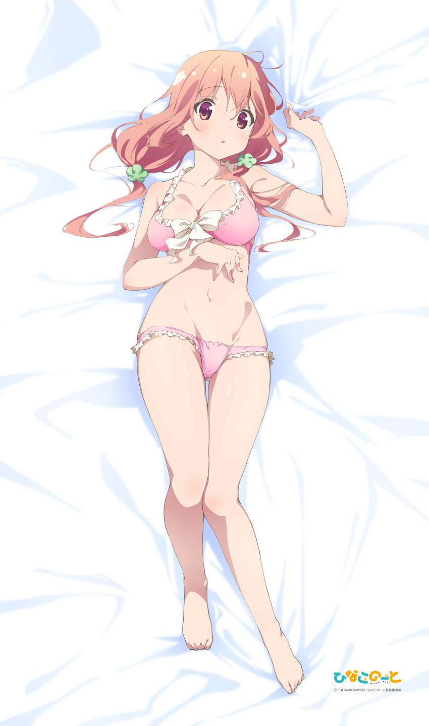 1girl absurdres artist_request bare_legs barefoot bed_sheet bikini breasts brown_eyes cleavage dakimakura eyebrows_visible_through_hair feet frill_trim front-tie_bikini front-tie_top full_body gluteal_fold hair_between_eyes hair_ornament hand_on_own_stomach highres hinako_note knees_together_feet_apart large_breasts long_hair looking_at_viewer low_twintails lying navel official_art on_back parted_lips pink_bikini pink_hair sakuragi_hinako sheet_grab solo swimsuit twintails