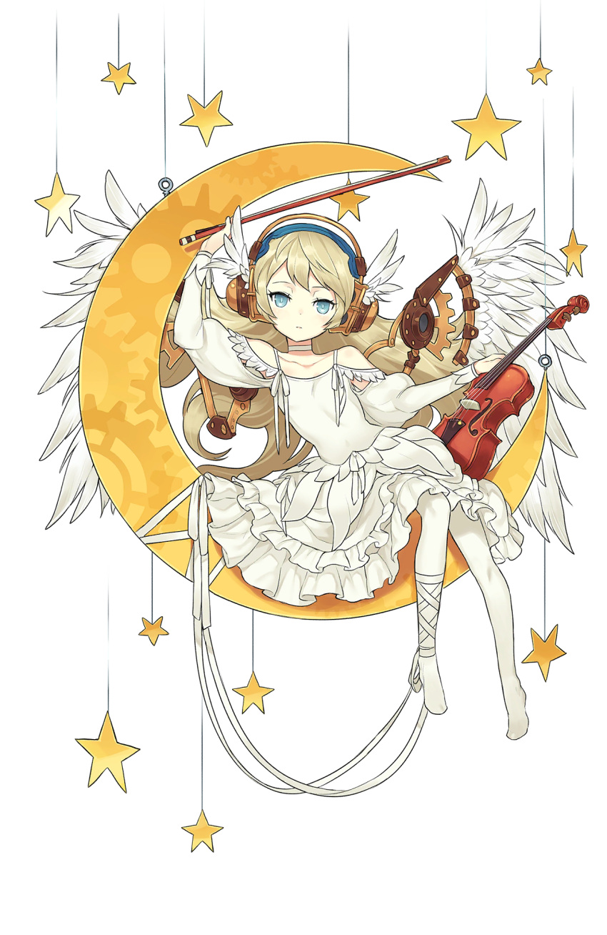 1girl alicia_northend arm_up blue_eyes bow_(instrument) crescent_moon dress frilled_dress frills full_body headphones highres instrument light_brown_hair long_hair looking_at_viewer moon pantyhose princess_principal princess_principal_game_of_mission sitting sol star very_long_hair violin white_dress white_legwear white_neckwear white_wings wings