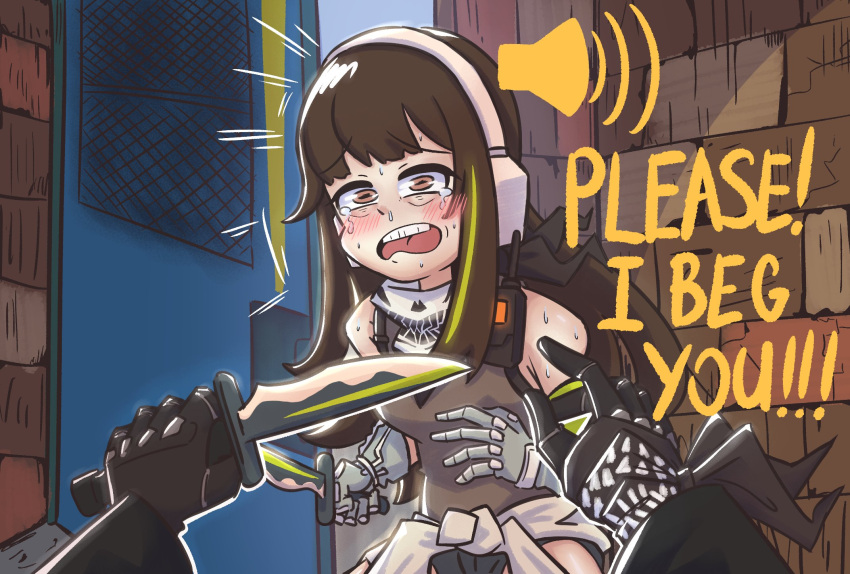 1girl armband blush brown_eyes brown_hair clothes_around_waist cowboy_shot crying crying_with_eyes_open english_commentary english_text eyebrows_visible_through_hair girls_frontline gloves green_hair highres holding holding_knife holding_weapon jacket jacket_around_waist knife long_hair m4a1_(girls'_frontline) meme multicolored_hair open_mouth pov scarf serjatronic streaked_hair tears teeth upper_teeth walkie-talkie weapon