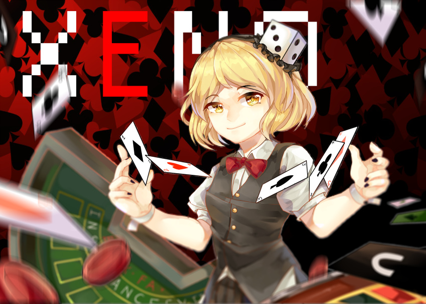 androgynous blonde_hair bow bowtie card casino dice_hair_ornament hair_ornament hat highres len'en necktie playing_card poker_chip puffy_short_sleeves puffy_sleeves short_hair short_sleeves skirt smile solo thigh-highs vest white_legwear xeno_a yellow_eyes