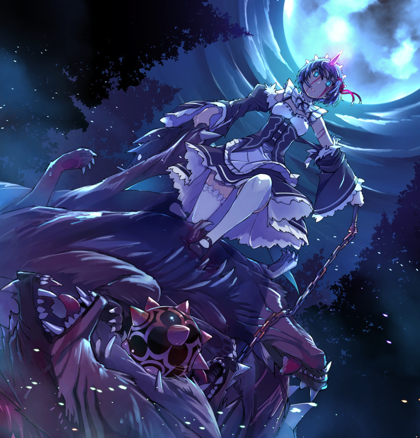1girl after_battle blood blood_on_face blue_eyes blue_hair cerberus crazy_eyes cuts detached_sleeves dutch_angle flail full_moon garter_straps highres holding holding_weapon horn injury maid maid_headdress mary_janes monster moon morning_star night re:zero_kara_hajimeru_isekai_seikatsu rem_(re:zero) shoes short_hair solo_focus stepped_on thigh-highs weapon white_legwear wide_sleeves xration