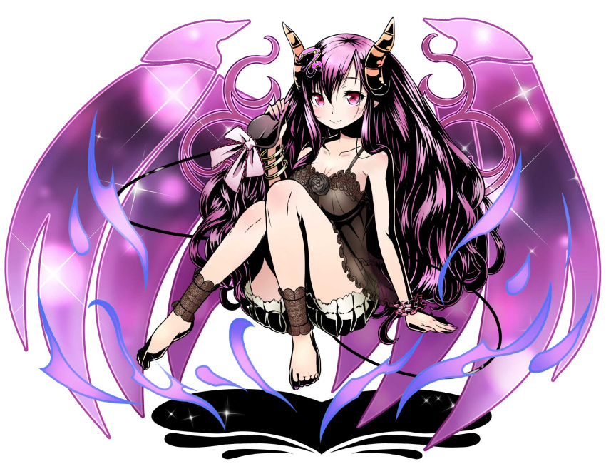 1girl ankle_cuffs arm_support barefoot black_shirt blush breasts cleavage collarbone divine_gate feet full_body grey_shorts hair_between_eyes hair_ornament highres holding horns long_hair medium_breasts nail_polish pink_nails purple_hair purple_wings red_eyes shadow shirt short_shorts shorts simple_background sitting sleeveless sleeveless_shirt smile solo toenail_polish ucmm very_long_hair white_background wings wrist_cuffs