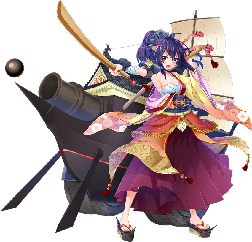 &gt;:o 1girl :o ahoge akashi_(oshiro_project) breasts cannon cleavage full_body hachimaki hair_ornament hakama_skirt headband holding holding_sword holding_weapon japanese_clothes kanna_(chaos966) looking_at_viewer medium_breasts mismatched_sleeves oshiro_project oshiro_project_re pleated_skirt purple_hair red_eyes sarashi sheath sheathed skirt smile solo sword transparent_background weapon