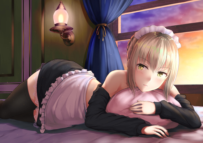 1girl artoria_pendragon_(all) artoria_pendragon_(swimsuit_rider_alter)_(fate) bare_shoulders bikini_removed black_jacket black_legwear blonde_hair curtains fate/grand_order fate_(series) highres hood hooded_jacket indoors jacket lace lace-trimmed_skirt looking_at_viewer lying maid_headdress off_shoulder on_stomach primamiya saber_alter short_hair skirt solo thigh-highs window yellow_eyes