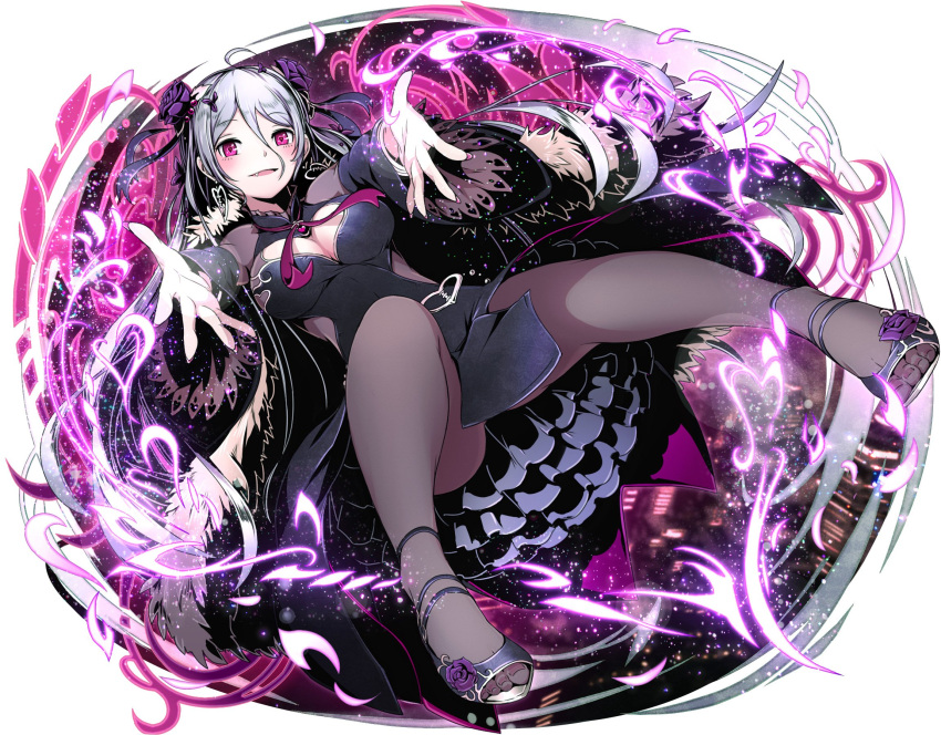 1girl :d ahoge black_dress black_legwear black_ribbon breasts cleavage cleavage_cutout divine_gate dress eyebrows_visible_through_hair fang feet floating_hair flower full_body hair_between_eyes hair_flower hair_ornament hair_ribbon highres long_hair medium_breasts open_mouth pantyhose purple_flower red_eyes ribbon silver_hair simple_background smile solo toes ucmm very_long_hair white_background