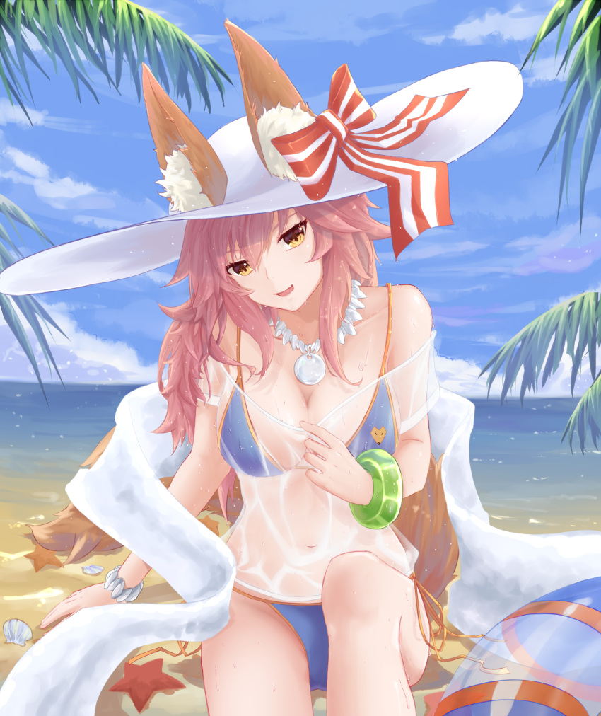 1girl animal_ears beach bikini blue_bikini blush breasts cleavage collarbone day ears_through_headwear fang fate/grand_order fate_(series) fox_ears fox_tail hat highres large_breasts long_hair looking_at_viewer meo_(1271884559) navel ocean open_mouth outdoors palm_leaf palm_tree pink_hair sitting solo starfish swimsuit tail tamamo_(fate)_(all) tamamo_no_mae_(swimsuit_lancer)_(fate) tree wet wet_clothes yellow_eyes