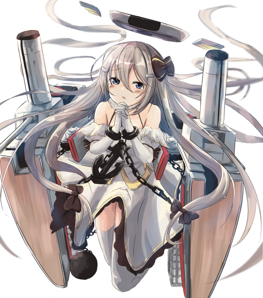 1girl azur_lane bare_shoulders black_bow blue_eyes bow chains character_request commentary_request detached_sleeves doran_(dorannomai) gloves grey_hair hair_between_eyes hair_bow highres long_hair looking_at_viewer mechanical_halo simple_background very_long_hair white_background white_gloves