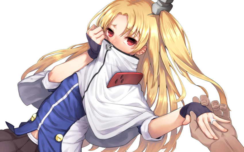 1boy 1girl azur_lane black_gloves black_skirt blonde_hair blush capelet cleveland_(azur_lane) covering_mouth dutch_angle fingerless_gloves gloves jewelry long_hair looking_at_viewer object9991 one_side_up pleated_skirt red_eyes ring skirt sleeves_rolled_up solo_focus wedding_band