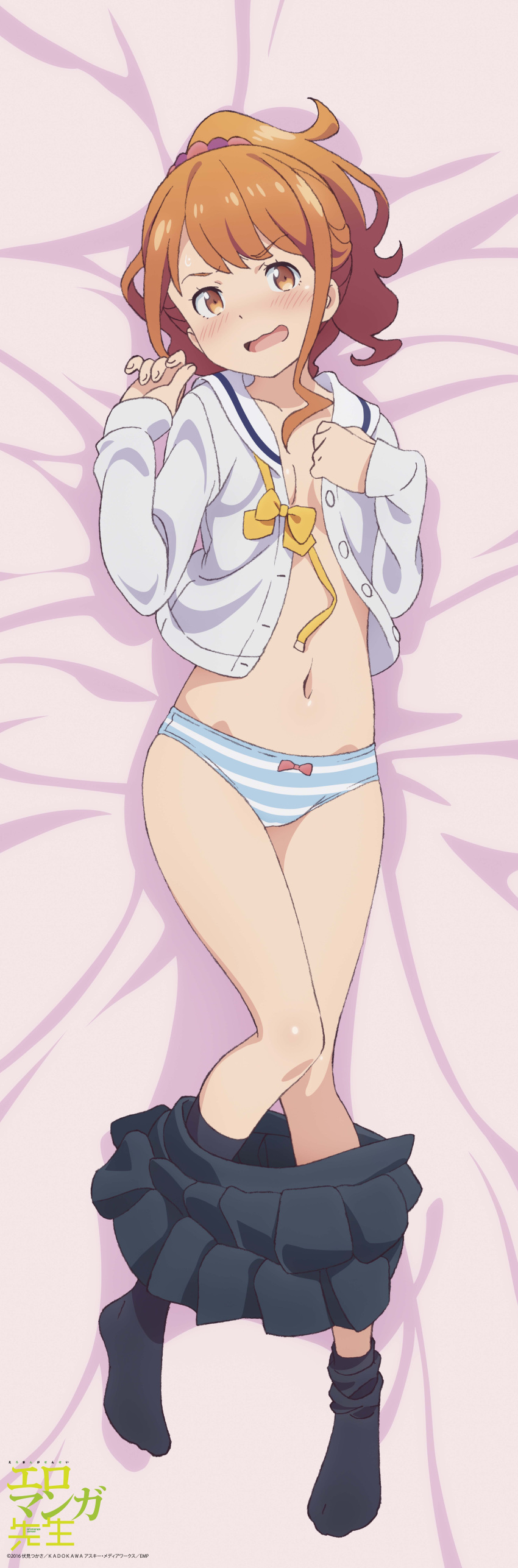 1girl absurdres bed_sheet black_legwear black_skirt blush bow bow_panties breasts brown_eyes brown_hair cleavage collarbone copyright_name dakimakura embarrassed eromanga_sensei feet from_above full_body hair_ornament hair_scrunchie head_tilt high_ponytail highres incredibly_absurdres jinno_megumi long_hair looking_at_viewer navel no_shoes official_art open_clothes open_mouth open_shirt panties pink_bow scrunchie shirt skirt skirt_around_legs small_breasts socks solo striped striped_panties underwear white_shirt