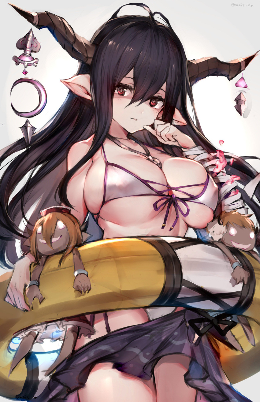 1girl absurdres between_breasts bikini breasts bright_pupils cleavage closed_mouth crescent danua doraf front-tie_bikini front-tie_top granblue_fantasy grey_background hair_between_eyes hand_to_own_mouth highres horn_ornament horns huge_breasts innertube jewelry looking_at_viewer necklace oyu_(sijimisizimi) pointy_ears purple_hair red_eyes sarong shaded_face side-tie_bikini sidelocks simple_background skindentation solo swimsuit twitter_username under_boob white_bikini