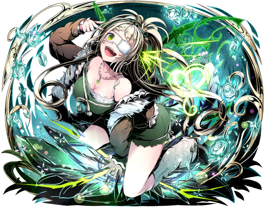 1girl :d aqua_nails between_legs blonde_hair breasts cleavage collarbone divine_gate eyepatch fangs floating_hair green_eyes grey_legwear hand_between_legs highres index_finger_raised jewelry kneeling large_breasts long_hair nail_polish necklace open_mouth shirt short_shorts shorts simple_background sleeveless sleeveless_shirt smile solo ucmm very_long_hair white_background white_flower