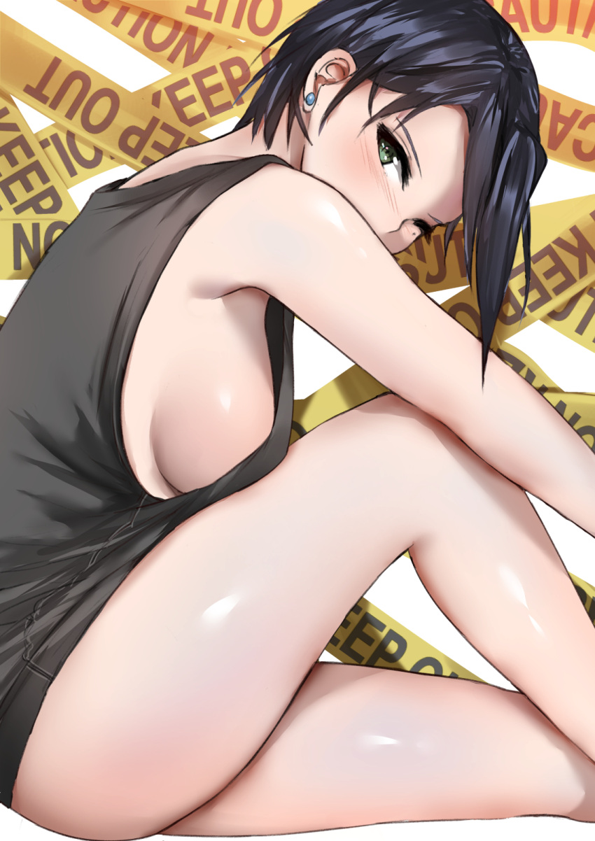 1girl bare_arms bare_legs bare_shoulders black_hair blush breasts caution_tape earrings feet_out_of_frame from_side highres invisible_chair jewelry keep_out knee_up leaning_forward looking_at_viewer looking_to_the_side medium_breasts midorikawa_maki no_bra no_pants norman_maggot one_eye_closed revision sakura_quest shiny shiny_skin short_hair sideboob sitting sleeveless solo stud_earrings tank_top thighs tsurime