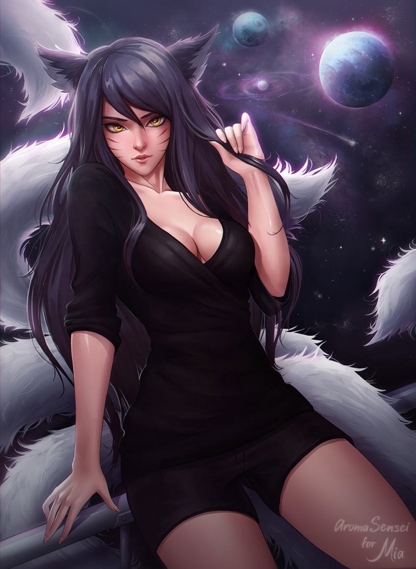 1girl ahri animal_ears aroma_sensei artist_name black_hair black_shirt black_shorts breasts cleavage fox_ears fox_tail highres league_of_legends lips long_hair looking_at_viewer medium_breasts multiple_tails night parted_lips planet playing_with_own_hair railing shirt short_shorts shorts sitting sky solo tail very_long_hair whisker_markings yellow_eyes