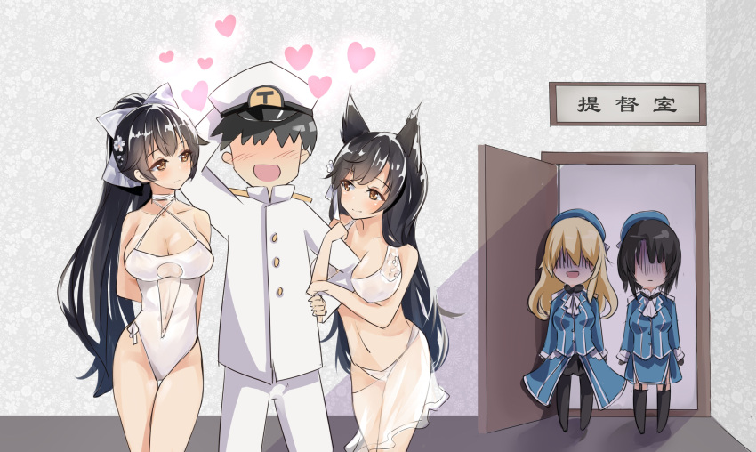1boy 4girls admiral_(kantai_collection) animal_ears atago_(azur_lane) atago_(kantai_collection) azur_lane beret between_breasts bikini black_hair blonde_hair blue_dress blue_hat blue_jacket blush breasts chibi cleavage closed_mouth collarbone crossover dress epaulettes garter_straps hand_behind_head hat heart highres indoors jacket kantai_collection large_breasts long_hair long_sleeves military military_uniform multiple_girls naval_uniform navel one-piece_swimsuit open_door open_mouth pants pantyhose scarlet_dango see-through shaded_face shadow short_hair smile swimsuit takao_(azur_lane) takao_(kantai_collection) translated uniform white_bikini white_hat white_jacket white_pants white_sarong white_swimsuit