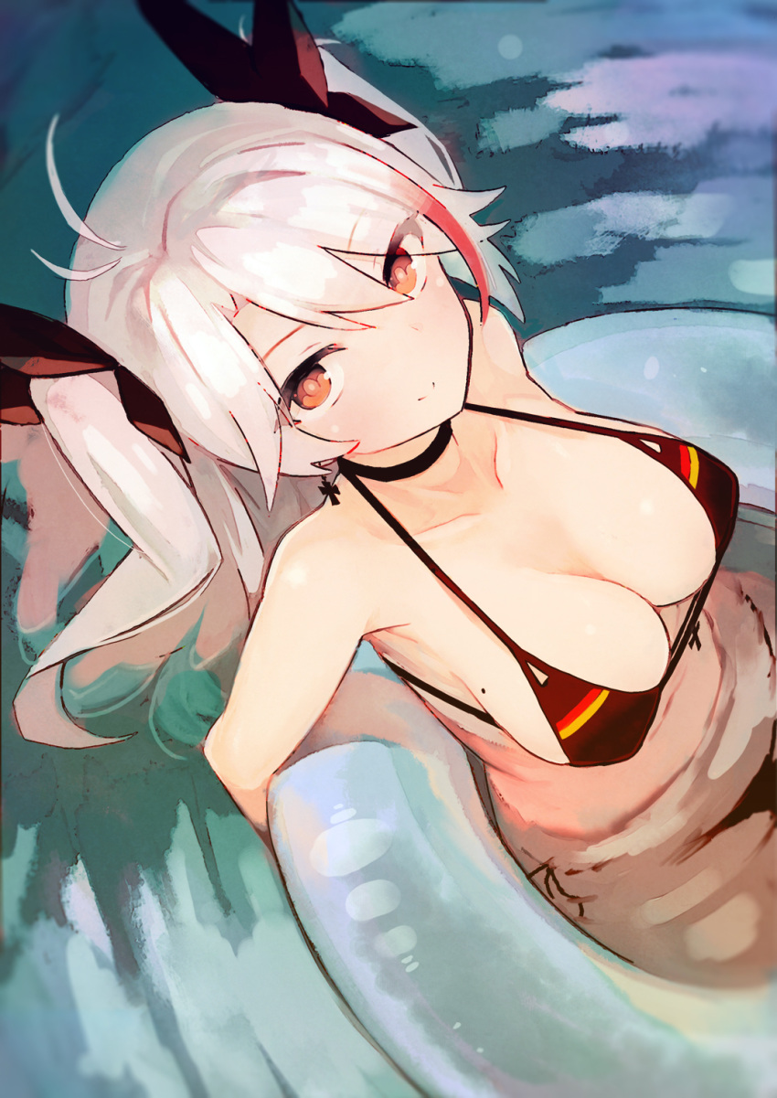 azur_lane bikini black_bikini bow breasts choker cleavage closed_mouth collarbone earrings from_above front-tie_bikini front-tie_top hair_bow halterneck highres innertube jewelry large_breasts looking_at_viewer mole mole_on_breast navel outdoors partially_submerged prinz_eugen_(azur_lane) red_eyes sakura_akami side-tie_bikini silver_hair smile swimsuit two_side_up