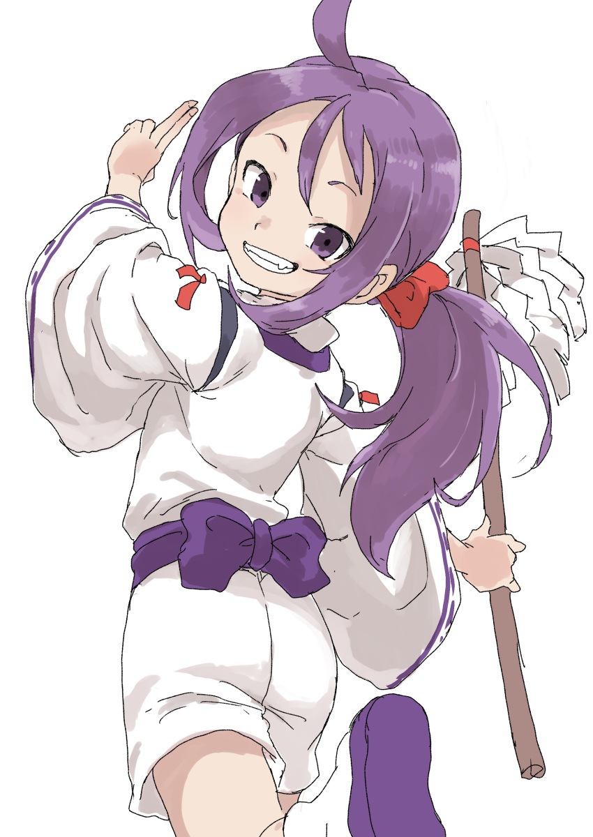 1girl absurdres ahoge bakumatsu_rouman copyright_request cowboy_shot from_behind grin hair_tie hand_up highres holding ichijou_akari japanese_clothes kimono long_hair long_sleeves looking_at_viewer looking_back ponytail purple_hair simple_background smile solo standing standing_on_one_leg violet_eyes white_background white_kimono wide_sleeves yamamoto_souichirou