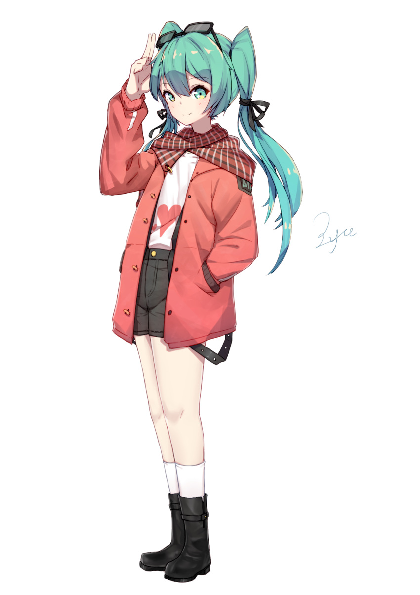 1girl alternate_costume ankle_boots aqua_eyes aqua_hair arm_up black-framed_eyewear black_footwear black_ribbon black_shorts blush boots casual closed_mouth coat eyebrows_visible_through_hair eyewear_on_head full_body hair_ribbon hatsune_miku heart heart_print highres kneehighs legs_together long_hair long_sleeves looking_at_viewer open_clothes open_coat plaid plaid_scarf red_coat red_scarf ribbon scarf shirt shorts simple_background smile solo standing tareme twintails vocaloid white_background white_legwear white_shirt zhayin-san