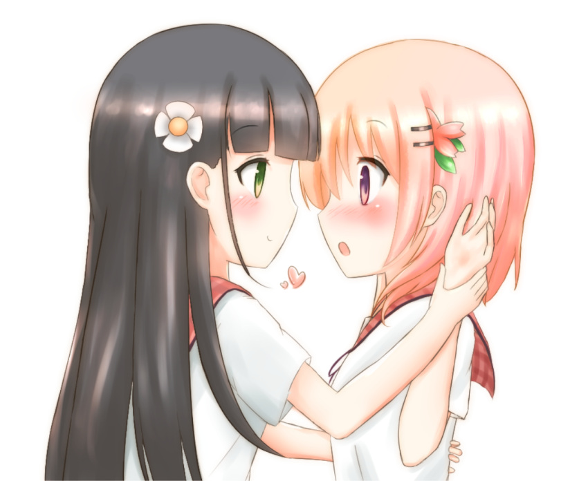 2girls :o bangs black_hair blouse blunt_bangs blush breasts closed_mouth commentary_request eye_contact eyebrows_visible_through_hair flower from_side gochuumon_wa_usagi_desu_ka? green_eyes hair_flower hair_ornament hand_on_another's_arm heart hoto_cocoa hoto_cocoa's_school_uniform long_hair looking_at_another multiple_girls open_mouth orange_hair plaid_sailor_collar qutori red_sailor_collar sailor_collar school_uniform serafuku short_sleeves sidelocks simple_background small_breasts smile ujimatsu_chiya violet_eyes white_background white_blouse white_flower yuri