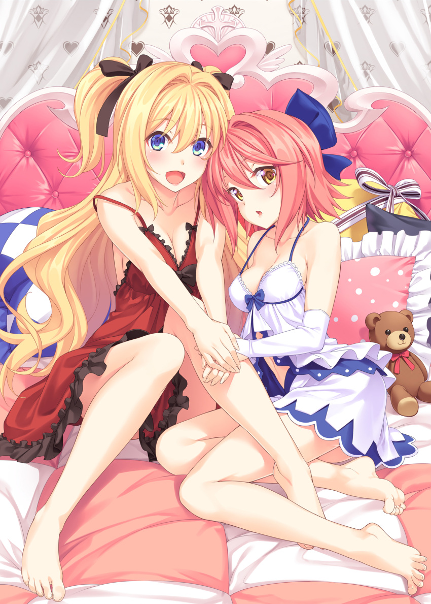 2girls :d bare_legs bare_shoulders barefoot blonde_hair blue_eyes blush breasts bridal_gauntlets chemise cleavage elbow_gloves eyebrows_visible_through_hair feet fingerless_gloves frill_trim gloves hair_between_eyes hair_ribbon hand_holding highres indoors knees_together_feet_apart long_hair looking_at_viewer medium_breasts multiple_girls navel on_bed open_mouth pink_hair ribbon short_hair sitting smile strap_gap strap_slip stuffed_animal stuffed_toy teddy_bear tenkuu_nozora toes two_side_up white_gloves yellow_eyes
