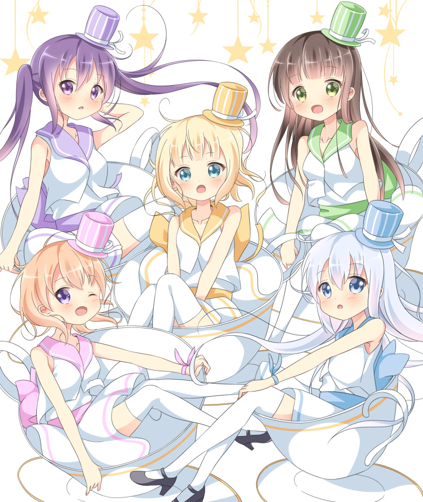 5girls :d :o ;d aqua_eyes arm_behind_head bangs bare_shoulders black_footwear blonde_hair blue_eyes blue_hat blunt_bangs blush breasts brown_hair commentary_request cup dress everyone eyebrows_visible_through_hair gochuumon_wa_usagi_desu_ka? green_eyes green_hat hat hat_ribbon high_heels highres hoto_cocoa in_container in_cup kafuu_chino kirima_sharo light_blue_hair long_hair looking_at_viewer matching_outfit medium_breasts mini_hat mini_top_hat multiple_girls one_eye_closed open_mouth orange_hair oversized_object pink_hat purple_hair purple_hat ribbon sash saucer short_hair sleeveless sleeveless_dress small_breasts smile star striped_hat sui-95 tedeza_rize thigh-highs top_hat twintails ujimatsu_chiya vest violet_eyes white_background white_dress white_legwear white_ribbon white_vest yellow_hat zettai_ryouiki