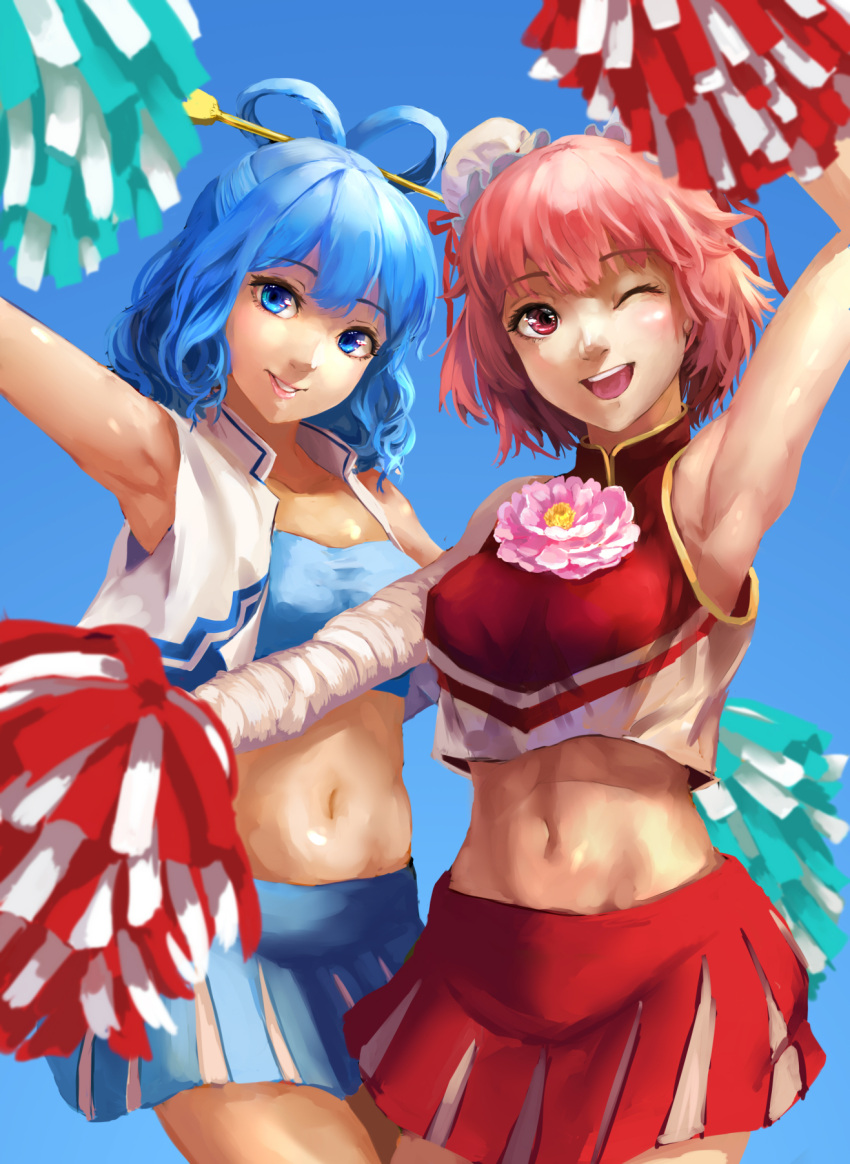 2girls ;d adapted_costume alternate_costume arm_up armpits bangs blue_eyes blue_hair blush breasts bun_cover cheerleader contemporary cowboy_shot crop_top double_bun hair_ornament hair_rings hair_stick highres ibaraki_kasen kaku_seiga looking_at_viewer medium_breasts miniskirt multiple_girls navel one_eye_closed open_clothes open_mouth open_vest parted_lips pink_hair pom_poms red_eyes shirt short_hair skirt sleeveless sleeveless_shirt smile stomach strapless touhou tubetop vest yasaidon