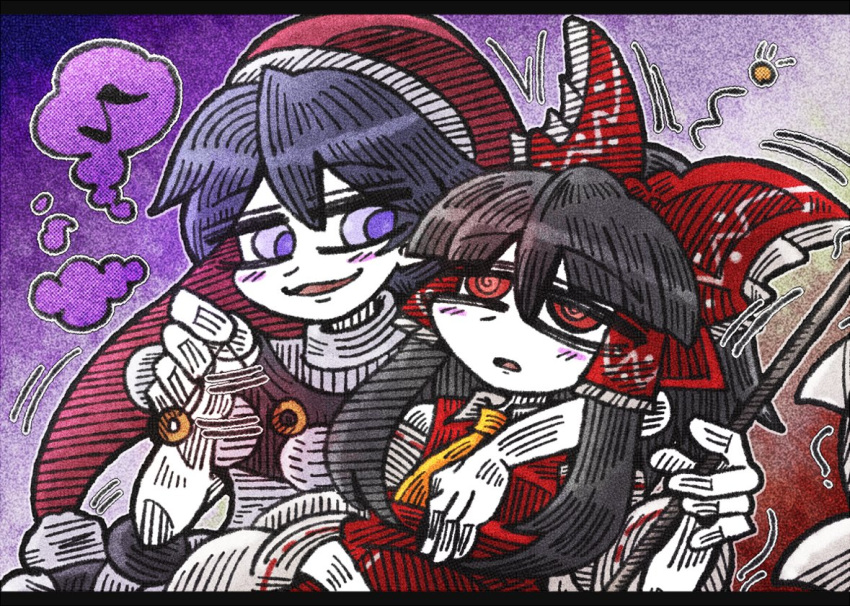 2girls al_bhed_eyes bangs black_hair blue_eyes blue_hair blunt_bangs blush_stickers bow detached_sleeves doremy_sweet eyebrows_visible_through_hair frilled_bow frills gohei hair_between_eyes hair_bow hair_tubes hakurei_reimu hand_around_neck hat hypnosis line_shading mind_control multiple_girls musical_note nightcap open_mouth pom_pom_(clothes) quaver red_bow red_eyes red_hat sidelocks sleepy smile suenari_(peace) touhou turtleneck two-tone_background white_skin wide_sleeves