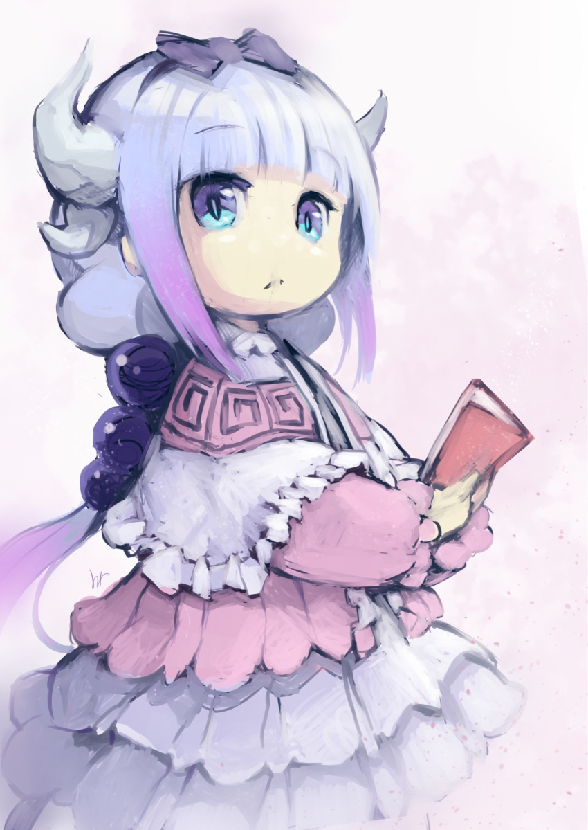 1girl bangs blue_eyes blue_hair blunt_bangs book bow bright_pupils capelet commentary_request dragon_horns dress eyebrows_visible_through_hair frilled_skirt frills from_side gradient_hair hair_bobbles hair_bow hair_ornament hairband highres holding holding_book horns hoshizaki_reita kanna_kamui kobayashi-san_chi_no_maidragon long_hair long_sleeves looking_at_viewer looking_to_the_side multicolored_hair multiple_horns open_book parted_lips pink_dress ponytail purple_hair signature skirt slit_pupils solo upper_body