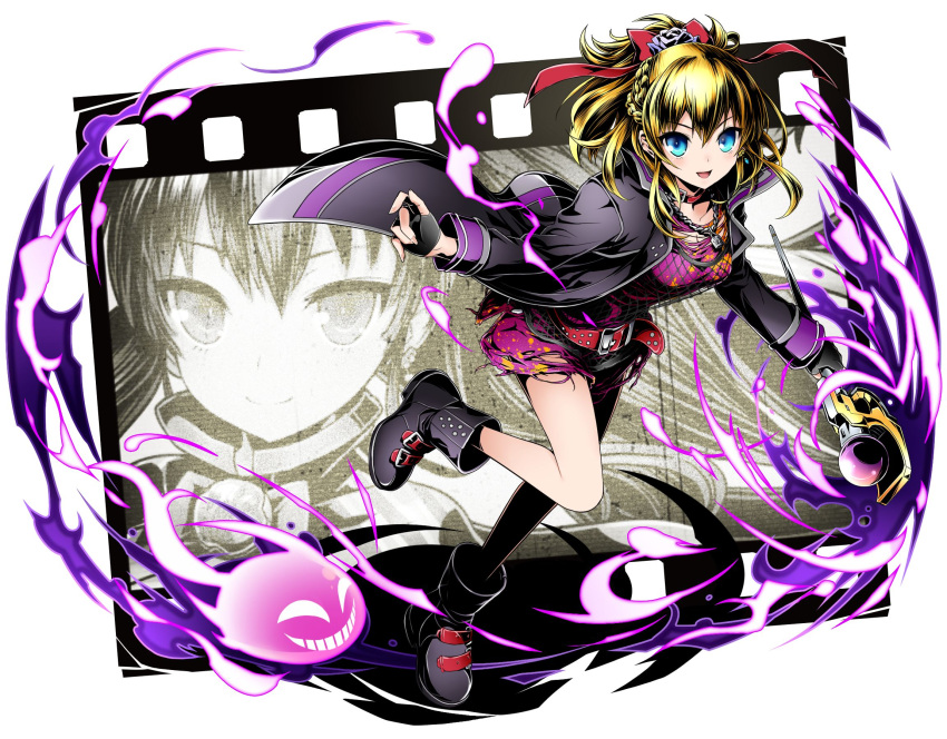 1girl :d black_footwear black_gloves blonde_hair blue_eyes divine_gate dress fingerless_gloves gloves hair_between_eyes hair_ribbon highres holding holding_staff long_hair looking_at_viewer one_leg_raised open_mouth ponytail purple_dress red_ribbon ribbon shadow short_dress simple_background smile solo staff torn_clothes torn_dress ucmm white_background