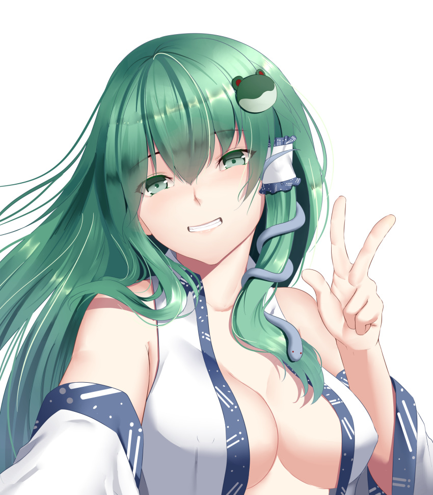 1girl bare_shoulders breasts cleavage collared_shirt detached_sleeves frog_hair_ornament green_eyes green_hair grin hair_ornament highres kochiya_sanae long_hair looking_at_viewer medium_breasts mengo no_bra nontraditional_miko open_clothes open_shirt shirt sleeveless sleeveless_shirt smile snake_hair_ornament touhou transparent_background upper_body v white_shirt