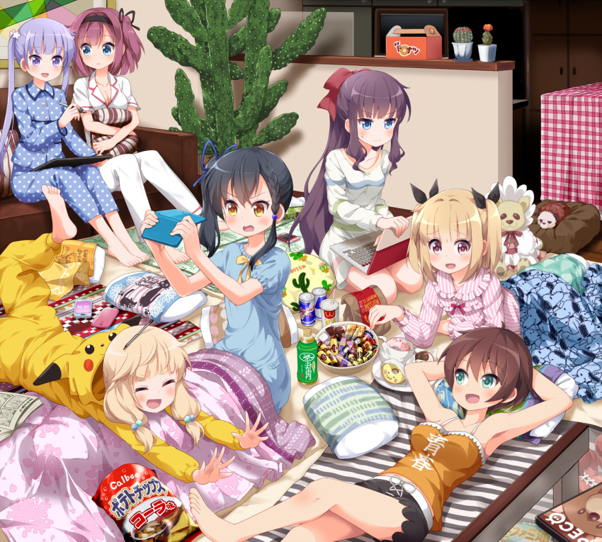 &gt;:o &gt;:| 6+girls :d :o annoyed armpits arms_behind_head barefoot black_hair blonde_hair blue_eyes bottle bow bowl braid brown_eyes brown_hair cactus can candy cellphone closed_eyes commentary_request couch doughnut feet food green_eyes hair_bobbles hair_bow hair_ornament hairband highres iijima_yun indoors long_hair looking_at_another lying manga_(object) mochizuki_momiji multiple_girls narumi_tsubame new_game! notebook on_back open_mouth pastry_box phone pikachu_costume pillow plant ponytail potted_plant purple_hair ruu_(tksymkw) sakura_nene shinoda_hajime short_hair short_twintails side_ponytail sitting sleepover smile soujirou_(new_game!) suzukaze_aoba takimoto_hifumi twintails violet_eyes yellow_eyes