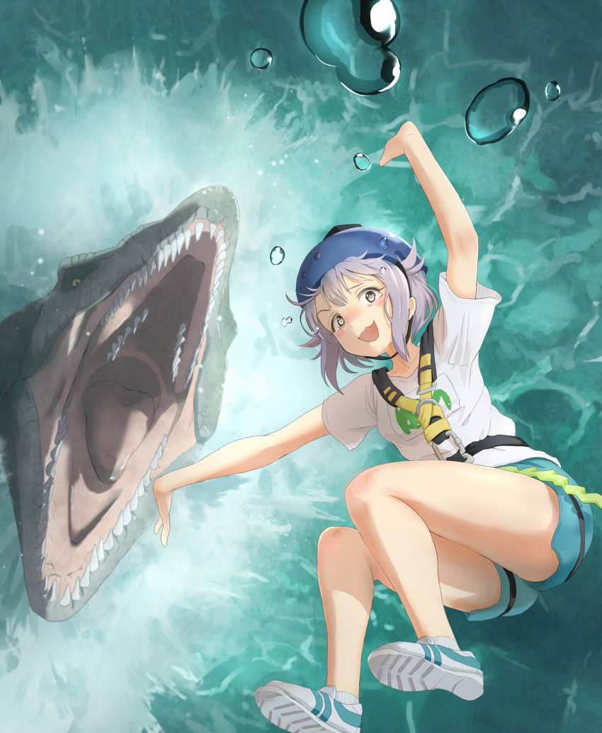 1girl alternate_costume anachronism blush bungee_jumping commentary_request falling from_above grey_eyes harness helmet highres idolmaster idolmaster_cinderella_girls jurassic_world kamemaru koshimizu_sachiko looking_at_viewer mosasaurus mouth open_mouth outstretched_arms purple_hair rope shirt shoes short_hair shorts sneakers t-shirt teardrop tears teeth water wavy_mouth