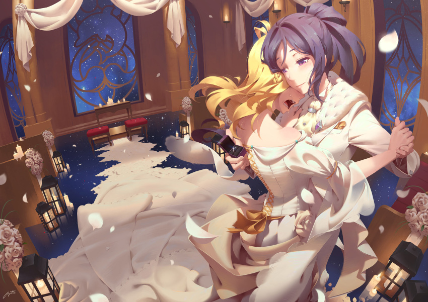 2girls bare_shoulders blonde_hair crying dancing dress highres jewelry long_hair love_live! love_live!_sunshine!! matsuura_kanan multiple_girls ohara_mari open_mouth petals ponytail purple_hair regition ring ring_box smile violet_eyes wedding_dress wedding_ring yuri